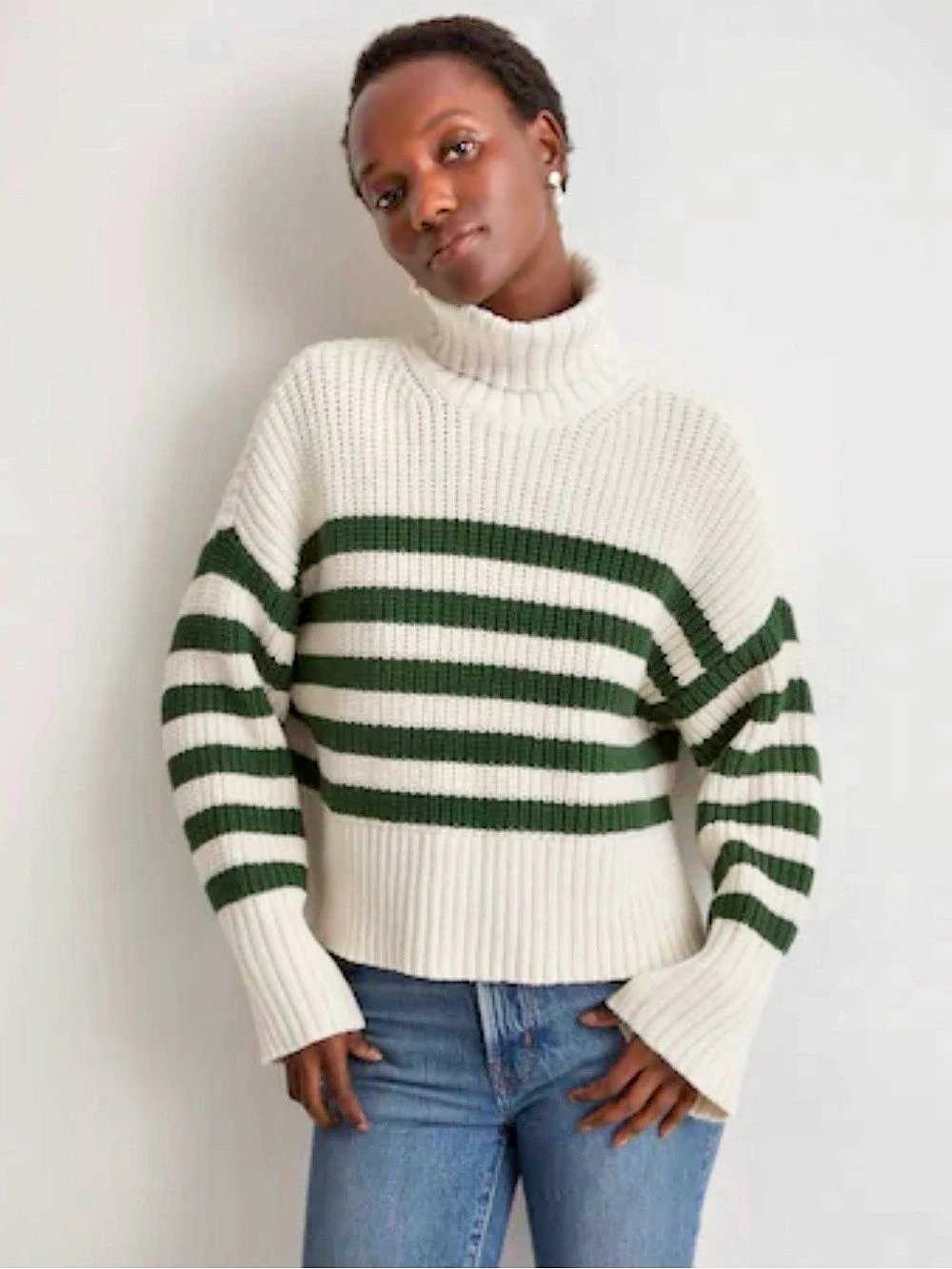 Madewell Wide Rib Turtleneck Sweater in Varsity Green Stripe Varsity Green
